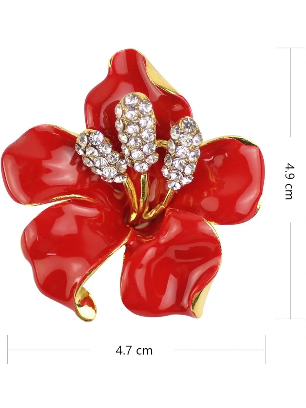 Anthropologie Red Enamel Floral Brooch with Crystal Accents